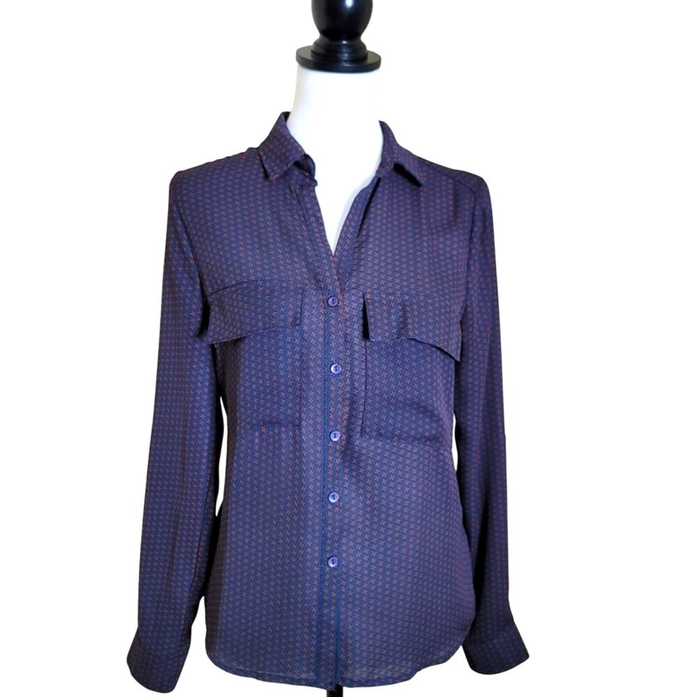 Button Down Shirt, Blouse Top, Blue Red, Business Casual Preppy Size Small